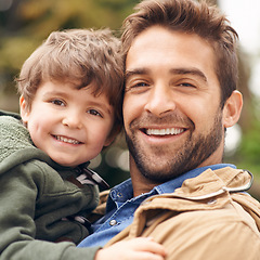 Image showing Face, father and happy with kid outdoor for bonding to play for child development and growth as parent. Portrait, dad and son with smile with support for care, love and enjoy on school holiday.