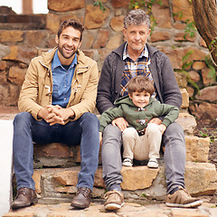 Image showing Happy child, father and portrait of grandfather outdoor at steps for bonding, care and relax together. Family, kid and dad with grandpa, generations or smile of parent laughing with boy for love