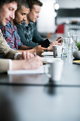 Image showing Business people, teamwork and collaboration in office for meeting, workshop and working on startup project. Coworkers, creative men and professional with mobile in workplace for corporate research