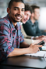 Image showing Man, smile and portrait in office with cellphone and coworkers for meeting, teamwork and profession. African person with tech for internet and career for employment, conference or workshop indoor