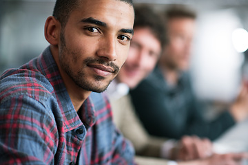 Image showing Happy, portrait and man in meeting at office with teamwork, collaboration and confidence for cooperation. Creative, professional and Mexican person in Texas company with pride and positive attitude