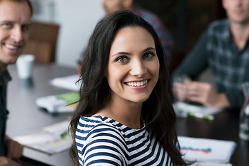 Image showing Woman, portrait and smile with workshop, meeting and collaboration for small business conference. Employee, startup and management for teamwork, coaching and partnership for workforce project