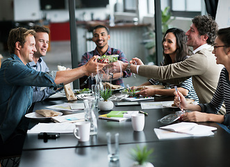 Image showing People, lunch and share with workshop, meeting and collaboration for small business conference. Employees, startup food and management for teamwork, coaching and partnership for workforce project