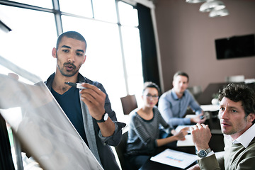 Image showing People, whiteboard or idea as business, presentation or feedback in planning, meeting or teamwork. Man, team or conference room as question, answer or review of solution in company or training office