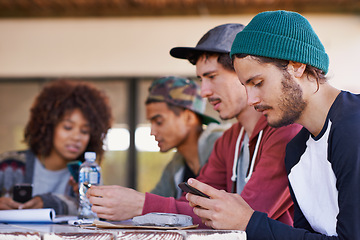 Image showing Student, smartphone and couple of friends for research project, studying and socialising on campus. Mobile phone, education and diverse group of people for break, teamwork and class assignment