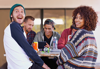 Image showing Portrait, men and women at study group with smile, drinks and social support in education. Books, tablet and happy college students relax together, fun friends on patio with diversity and opportunity