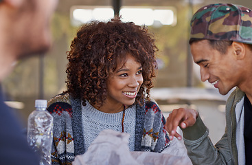 Image showing Friends, outdoor and smile for conversation, socialize and connection for relax and break on weekend. Young people and happy in cafe for catch up together for gossip, talking and laugh for joy