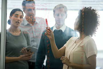 Image showing People, glass or brainstorm as teamwork, business or meeting of review, question or presentation. Woman, buisnesspeople or startup as exchange of idea, collaboration or planning of corporate project