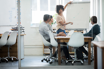 Image showing Woman, whiteboard or team in business, presentation or planning of company, training or workshop. Businesswoman, conference room or startup to share, exchange or idea in vision of coaching session