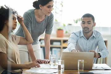 Image showing Business people, office and coworkers with laptop for planning, collaboration and meeting. Teamwork, professional and group of diverse employees by technology for brainstorm, research or documents