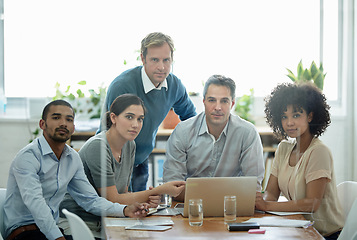 Image showing Team, laptop and portrait of business people in office for planning, collaboration and strategy. Meeting, professional and diverse group of employees by technology for discussion, research or idea