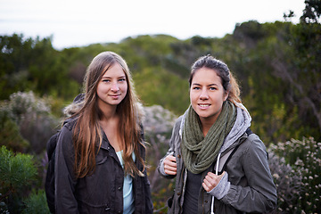 Image showing Portrait, women and walking or hiking in nature for adventure, workout or exercise as fitness routine in forest. People, green plants and trees in Denmark for journey in woods or bush in countryside