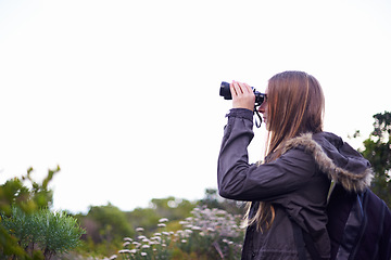 Image showing Woman, binoculars and hiking view on mountain on misty morning or nature explore, trekking or adventure. Female person, path and fog on holiday vacation in Australia as journey, backpacking or travel