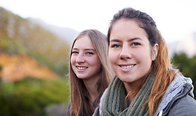 Image showing Women, friends and portrait on mountain for explore adventure or workout, journey or trekking. Female people, face and environment vacation for backpacking weekend in Australia, hiking or fitness