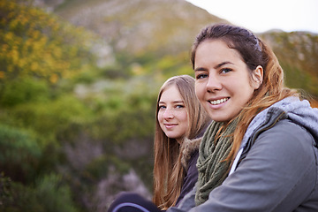 Image showing Woman, friends and portrait for hiking environment for mountain explore, adventure or trekking. Female people, plants and outdoor journey for holiday wellness or weekend vacation, exercise or travel