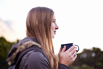 Image showing Hiking, thinking and woman drinking coffee in nature on vacation, adventure or travel in the morning with mockup space. Dream, tea cup and person trekking outdoor or planning on holiday in winter