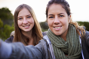 Image showing Woman, friends and portrait selfie for mountain hiking for social media post, trekking or countryside. Female people, face and smile for wellness fitness or environment exercise, traveling or outdoor