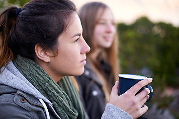 Image showing Friends, relax and outdoor in morning with coffee for calm holiday or vacation in nature together. Summer, adventure and woman with peace from green tea, drink or enjoy moment camping in woods