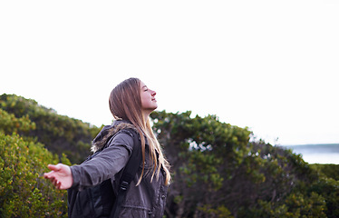 Image showing Hiking, woman and winning with celebration, nature and fresh air with fitness and countryside. Person, outdoor or hiker with freedom or carefree with girl or healthy with wellness or success with joy