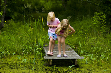 Image showing Sisters Exploring Pond