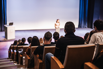 Image showing Woman giving presentation on business conference event.