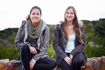 Image showing Portrait, friends and relax on hike in forest for walking, workout or exercise as fitness routine in nature. Women, adventure and landscape in countryside with trees, plants and people with smile