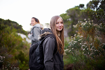 Image showing Friends, women and smile in woods with hike for adventure or leisure as fitness routine, exercise and workout in Australia. Portrait, outdoor and forest or hill for nature, peace and bonding