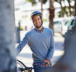 Image showing City, smile and portrait of man with bike for travel, sightseeing and journey on vacation. Happy, adventure and male person with bicycle for eco friendly transport, holiday and tourism in Italy