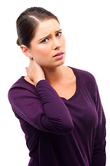 Image showing Woman, neck pain and portrait in studio for injury, stress or massage muscle by white background. Girl, person or model for arthritis, fibromyalgia or osteoporosis with fatigue, burnout or frustrated