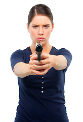 Image showing Woman, portrait and point gun in studio for safety or security, risk and protection against threat for danger. Female person, serious and weapon or pistol for shooting, isolated and white background.