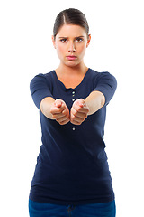 Image showing Woman, arms together and portrait for handcuff, criminal and guilty for arrested, crime and illegal. Young person with scared facial expression for surrender, corrupt and prisoner on white backdrop