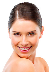 Image showing Happy woman, face and skin for natural beauty, healthy glow and wellness for dermatology on white background. Skincare, cosmetic facial and antiaging, clean in portrait and self care in studio