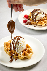 Image showing plate of belgian waffle with ice cream