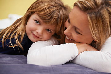 Image showing Home, mother and girl portrait in bed with love, support and bonding together with a smile. Happy, family and child with mom in the morning in a kids bedroom with relax youth in house with parenting