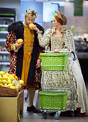 Image showing Royal couple, supermarket and king with queen, conversation and shopping with increase. Smelling, store and man with woman and decision with inflation and choice with retail, groceries and product