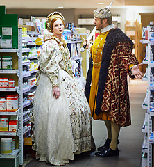 Image showing Supermarket, argument and king with queen, angry and conversation with expression and reaction. Royal couple, man and woman with inflation and frustrated with fighting and drug store with pharmacy