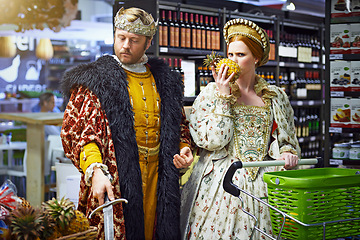 Image showing Confused, store and king with queen, decision and frustrated with expression and reaction. Royal couple, supermarket and man with woman and smelling with inflation and choice with doubt or retail