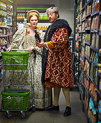 Image showing Supermarket, king and queen with wine, choice and costume with increase prices and inflation. Royal couple, man and woman with selection and alcohol with decision and customers with expensive product