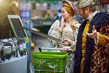 Image showing Digital payment, surprise and king with queen, supermarket or crown with royal couple or shocked. Increase, man or woman with self checkout in store or reaction for price or inflation with shopping