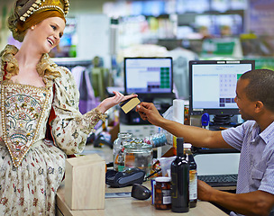Image showing Supermarket, credit card and royal woman with costume for grocery shopping, buying or product. Convenience store, cashier and queen in victorian outfit for purchase, sale or payment from customer