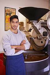 Image showing Coffee, roasting and portrait of man with confidence in small business, process and quality control. Entrepreneur, barista or roaster with beans at espresso cafe, sustainable startup and arms crossed