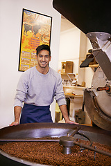 Image showing Coffee, portrait and happy man with machine for roasting with small business, production or quality control. Entrepreneur, barista or roaster with beans, sustainable startup cafe and espresso process