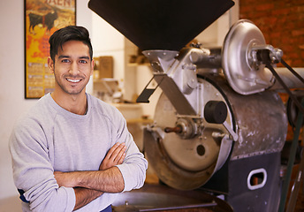 Image showing Coffee, roast and portrait of man with confidence in small business, process and quality control. Entrepreneur, barista or roaster with beans at espresso cafe, sustainable startup and arms crossed