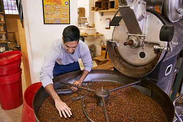 Image showing Coffee beans, blend and man with machine for roasting with small business, production and quality control. Entrepreneur, barista or worker with grain at cafe, sustainable startup and espresso process