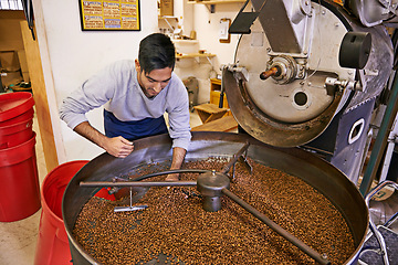 Image showing Coffee, quality control and man with machine for roasting with blending, production and small business. Entrepreneur, barista or person with beans at cafe, sustainable startup and espresso process