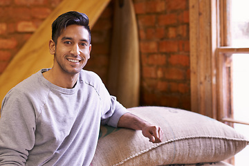 Image showing Man, factory and portrait with bag for coffee beans, quality assurance or pride with product for export. Entrepreneur, caffeine and trading with organic process, manufacturing or storage for stock