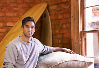 Image showing Man, warehouse and portrait with bag for coffee beans, quality assurance or pride with product for export. Entrepreneur, caffeine and trading with organic process, supply chain or factory for storage