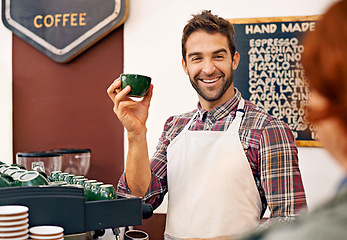 Image showing Happy man, barista and espresso for customer in coffee shop with cup for order, service and catering. Person, client or waiter in cafe for drink, tea and choice with smile, chat and helping in Italy