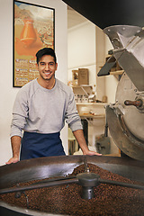 Image showing Coffee beans, portrait and man with machine for roasting with smile, production or quality control. Entrepreneur, barista or roaster with small business cafe, sustainable startup and espresso process