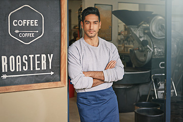 Image showing Barista, coffee shop and man with arms crossed in portrait for small business, owner with confidence and service. Entrepreneur, cafe and drinks with hospitality, professional and server in industry